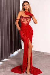 Red Prom Dress Strapless Sequins Beading Split Sweep Train Front Formal Dress With Gloves